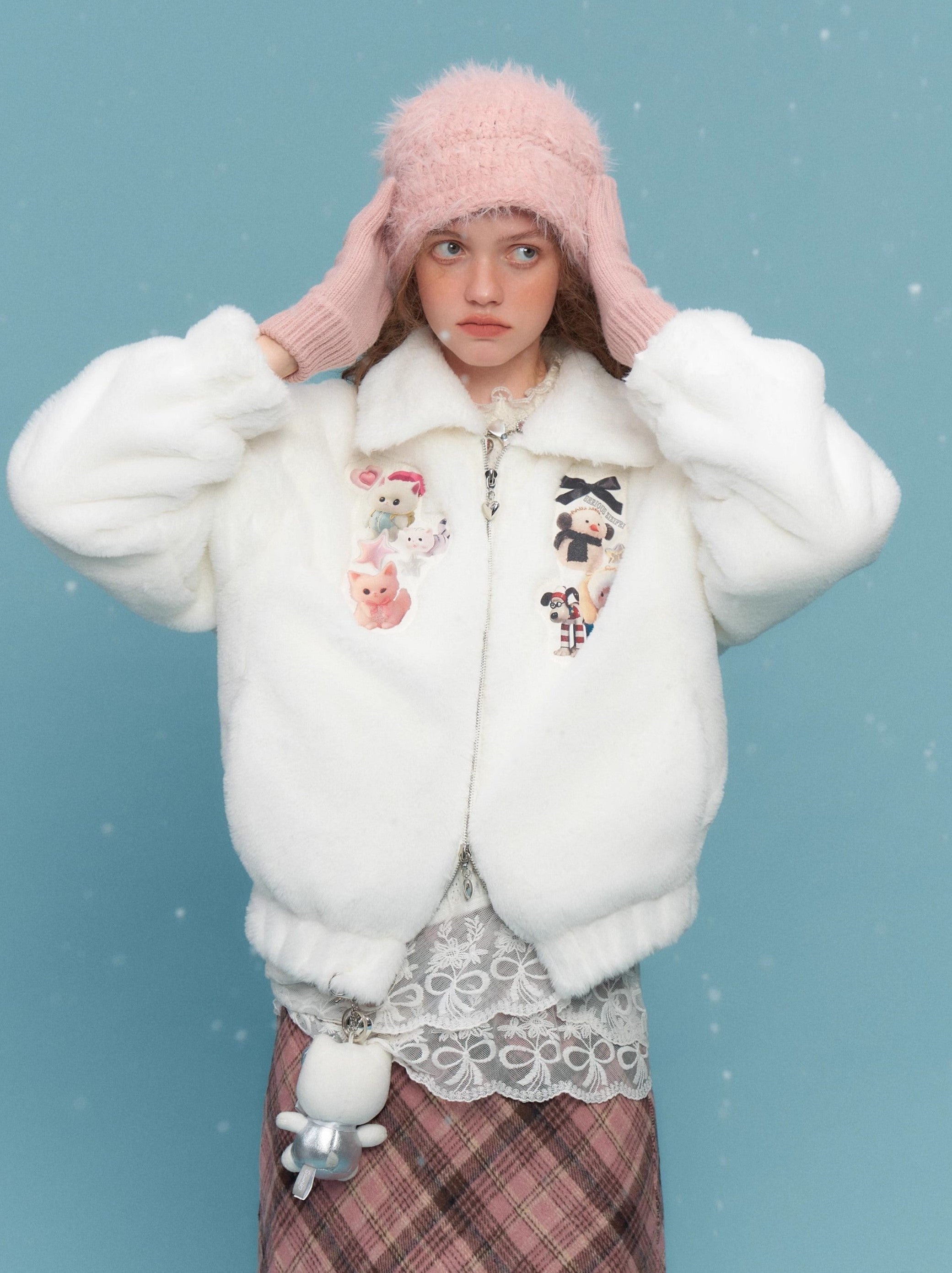 Sweet Animal Patch Faux Fur Jacket