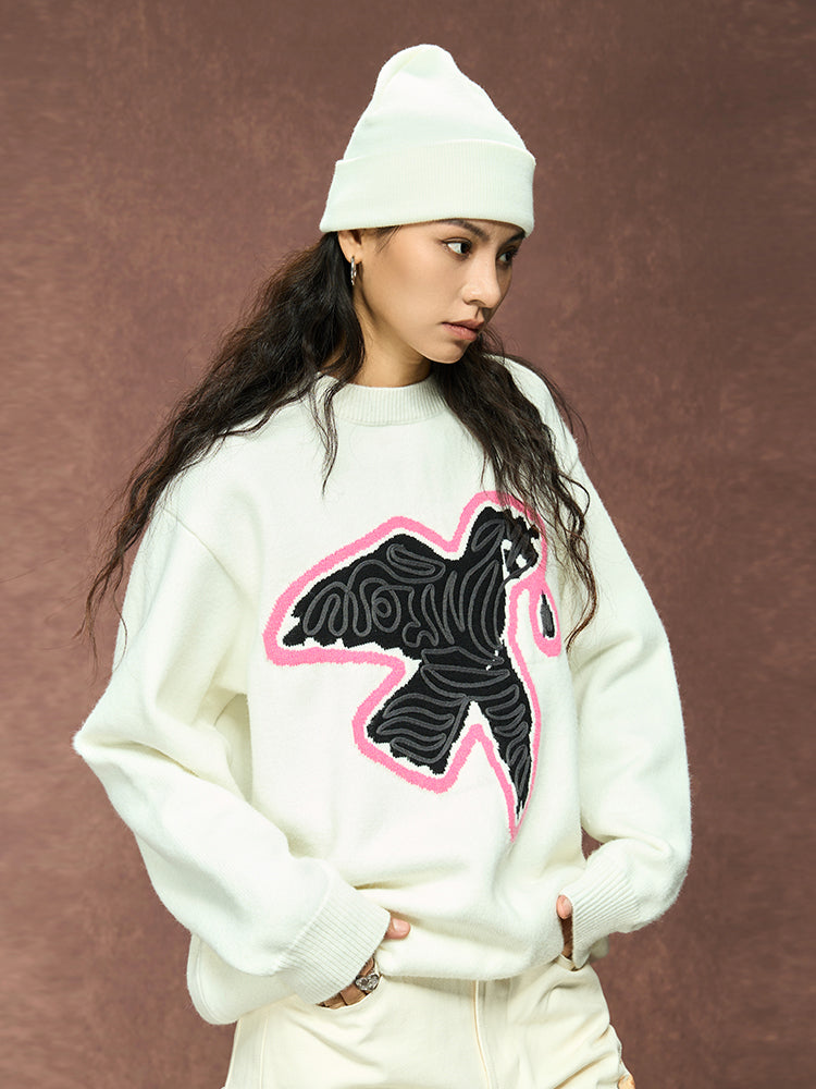 3D Rope Embroidered Peace Dove Knit Sweater - chiclara