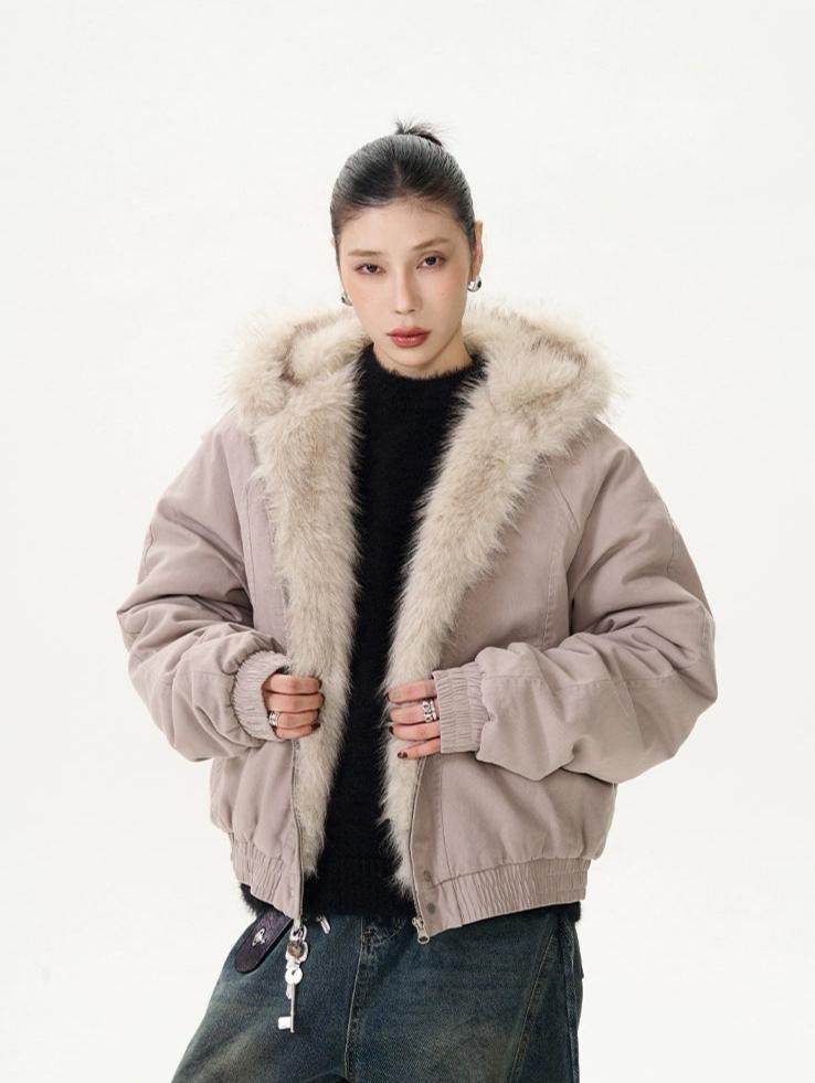 Fur-Trimmed Hooded Bomber Jacket