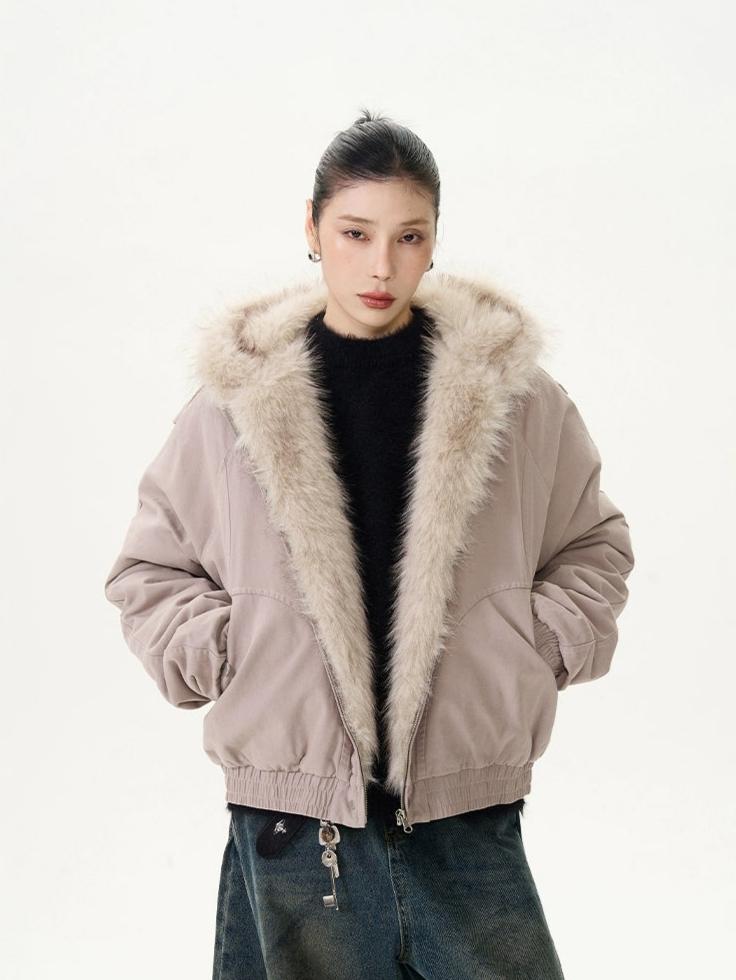 Fur-Trimmed Hooded Bomber Jacket