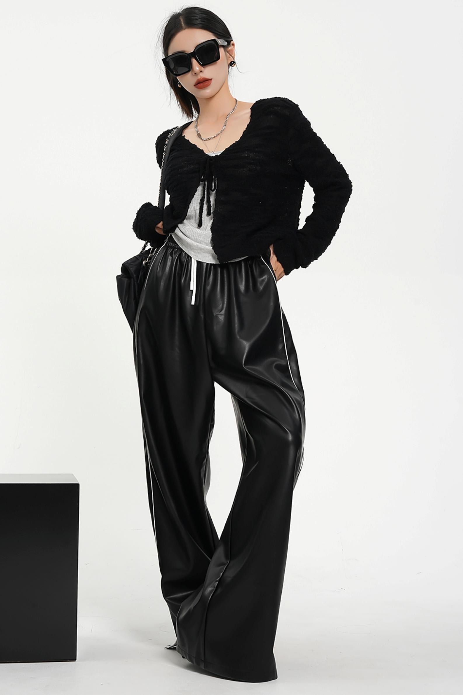 Luxe Satin-Look Drawstring Pants - Wide Leg Striped Track Bottoms