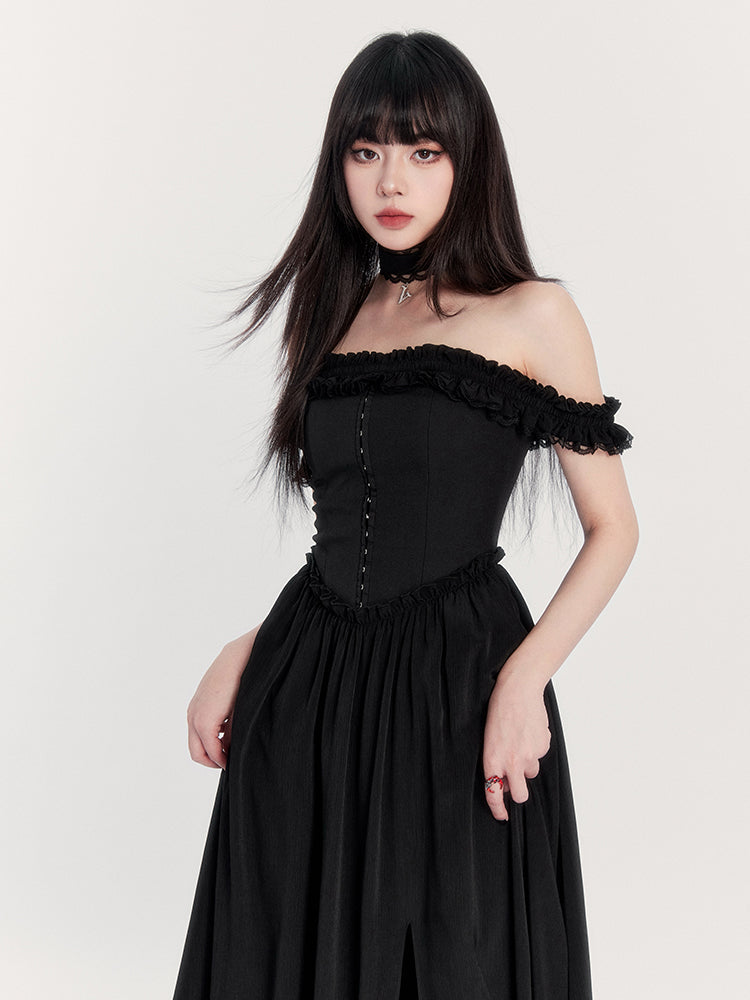 Off-Shoulder Gothic Dress with Lace Trim