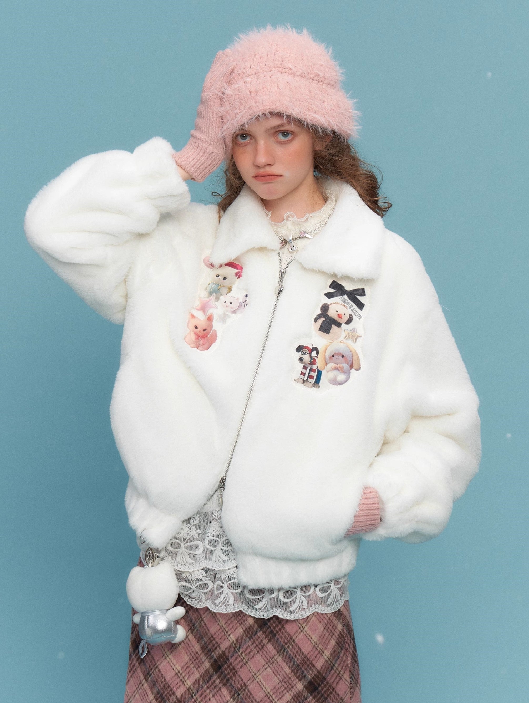 Sweet Animal Patch Faux Fur Jacket