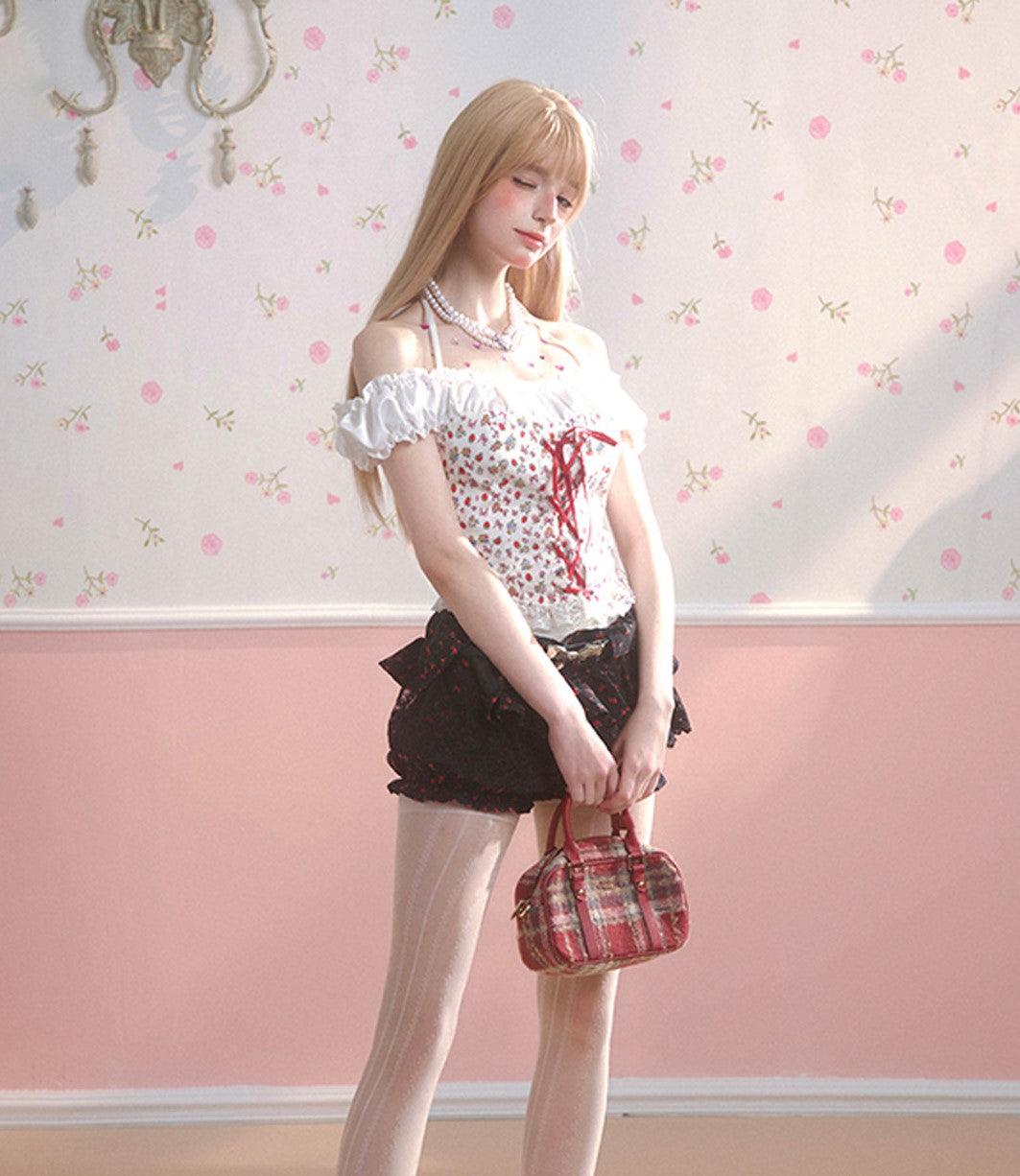 One Shoulder White Shirt and Shorts - Strawberry Sweetheart Edition - chiclara