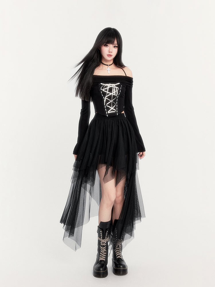 Off-Shoulder Gothic Corset Top and Asymmetric Tulle Skirt