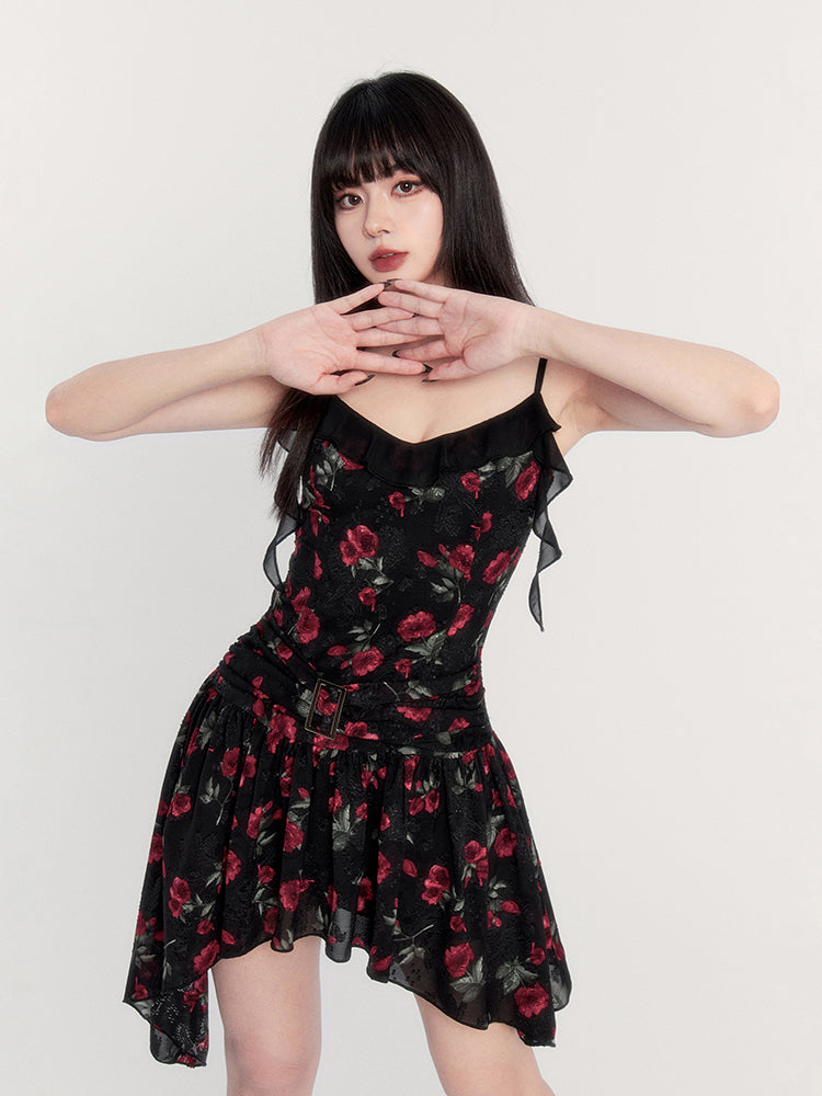 Floral Print Gothic Mini Dress with Asymmetric Hem