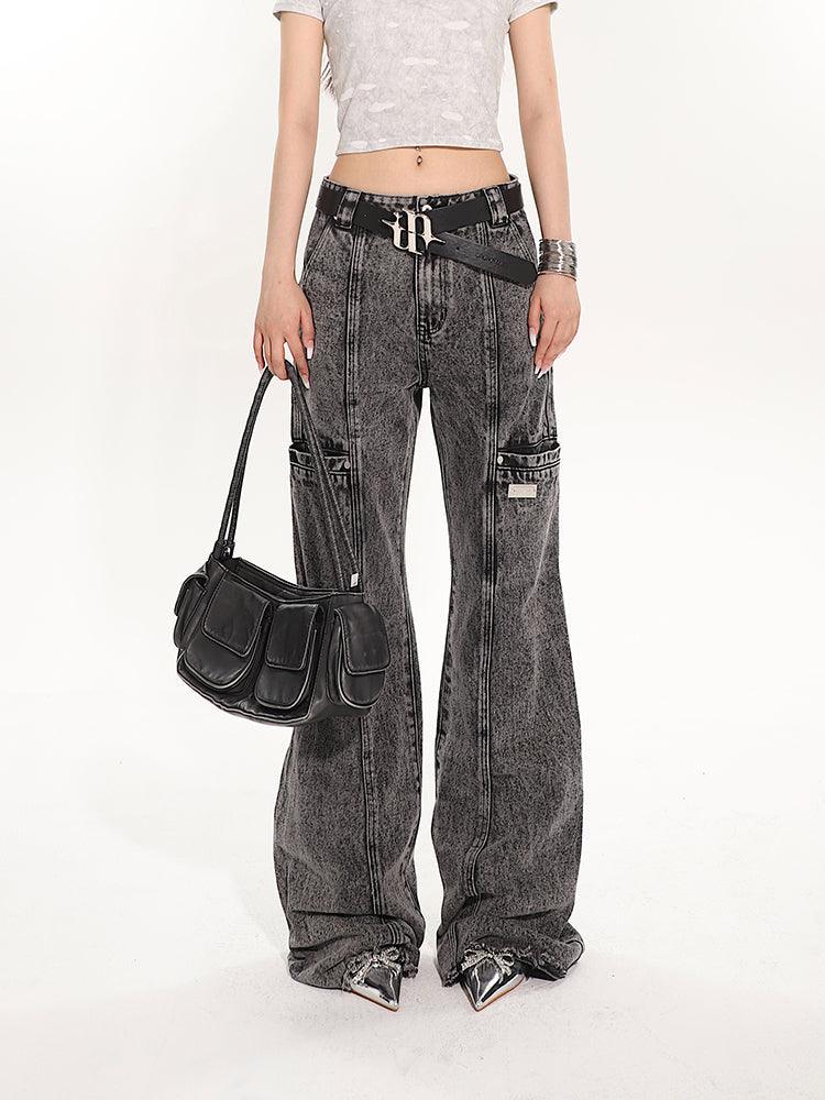 Full-Length Washed and Distressed Straight-Leg Jeans - chiclara