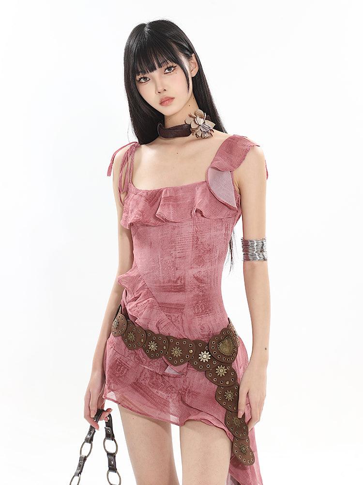 Ruffled Suspender Dress with Pink Print - chiclara