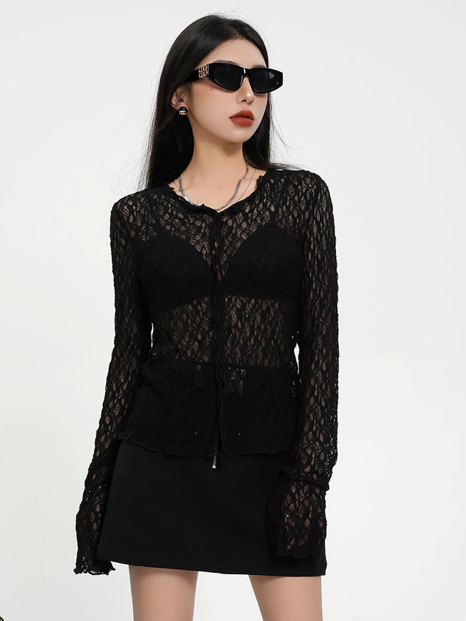 Sheer Lace Long Sleeve Crop Top - Gothic Mesh V-Neck Blouse