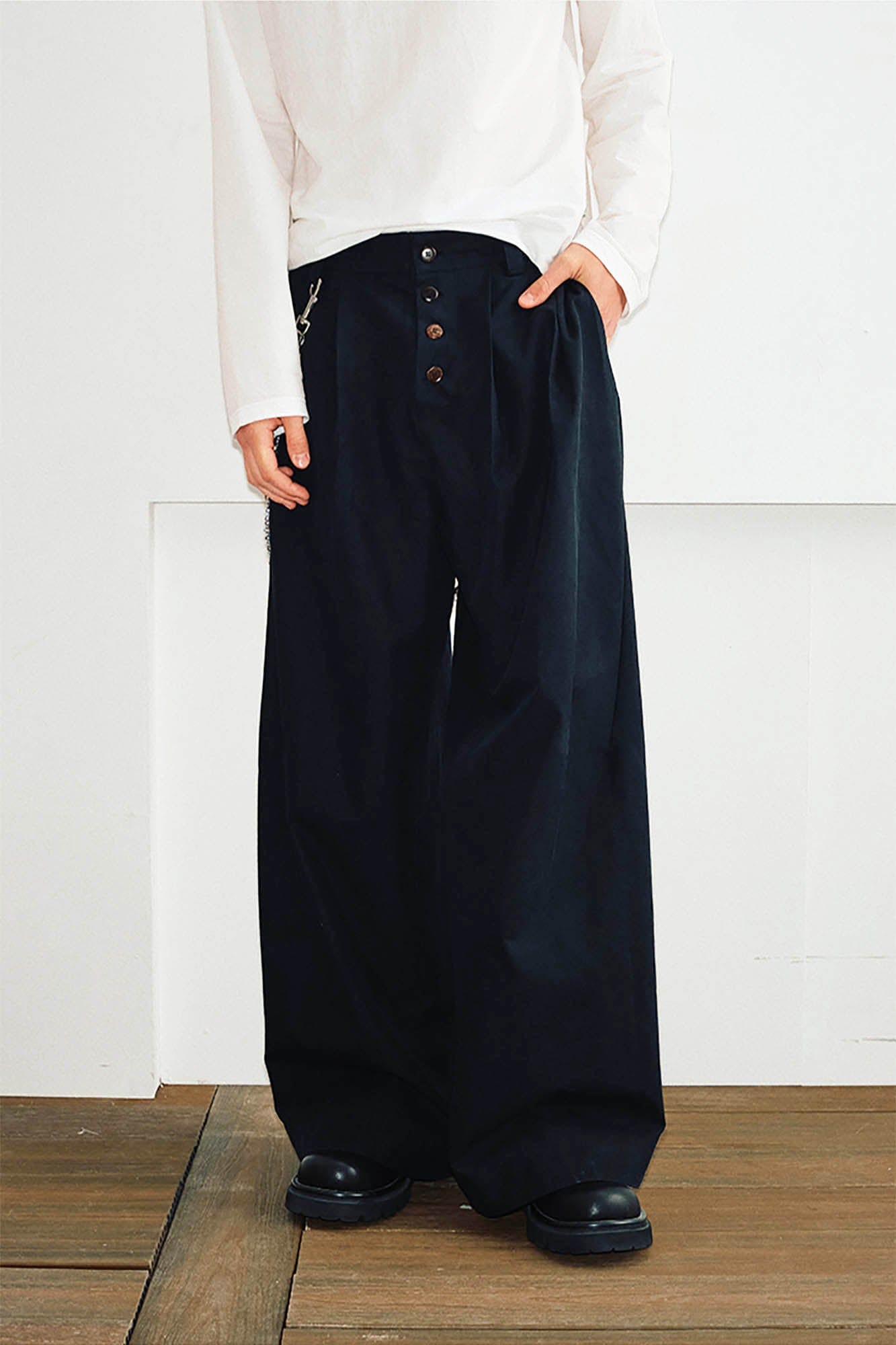 Wide-Leg Navy Trousers with Button Fly