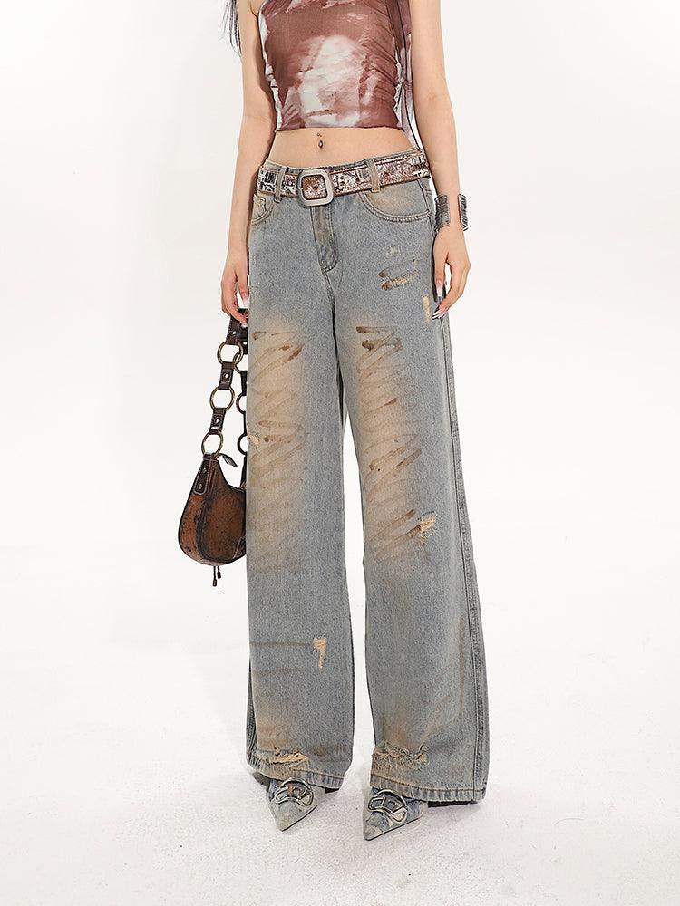 Vintage Blue Distressed Straight-Leg Jeans - chiclara