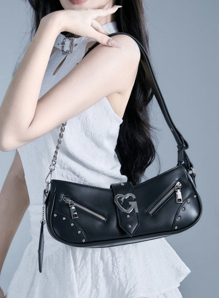 Edgy Baguette Shoulder Bag with Chain Strap