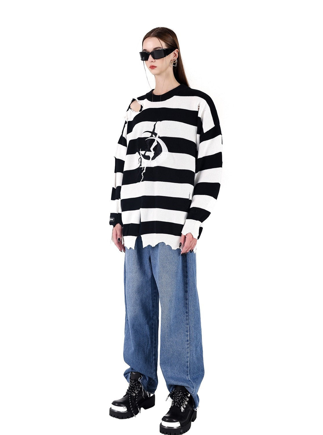 PINKSPINK Distressed Moon Striped Sweater - Black/White