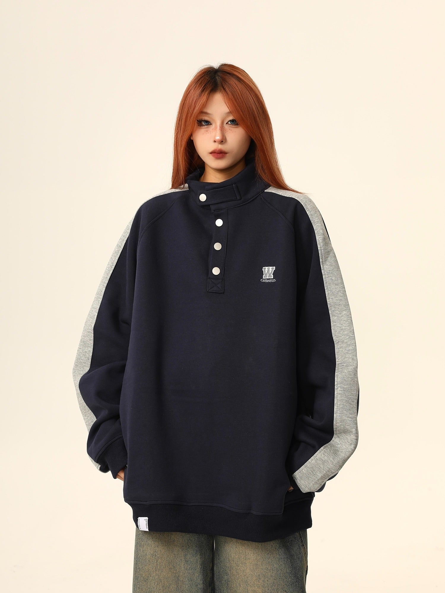 W California High-Neck Button Sweatshirt Coat