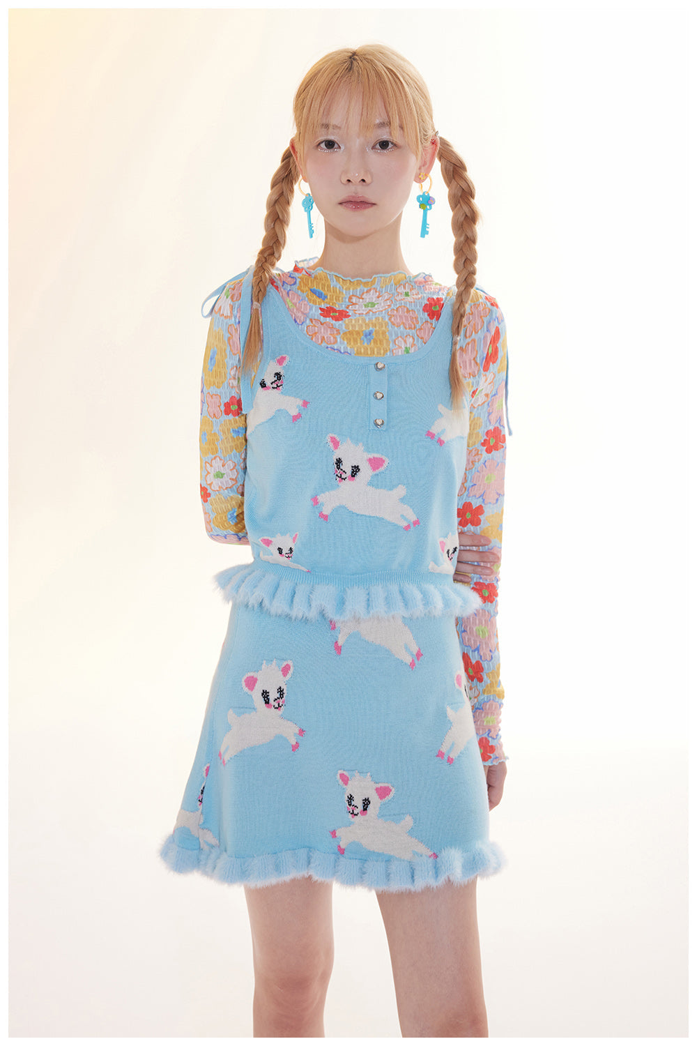 Lamb Print Knit Tank Top and Skirt Set