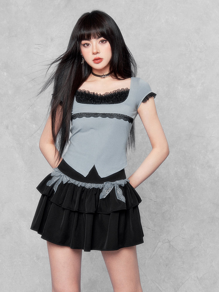 Lace Trim Maid Top/Skirt