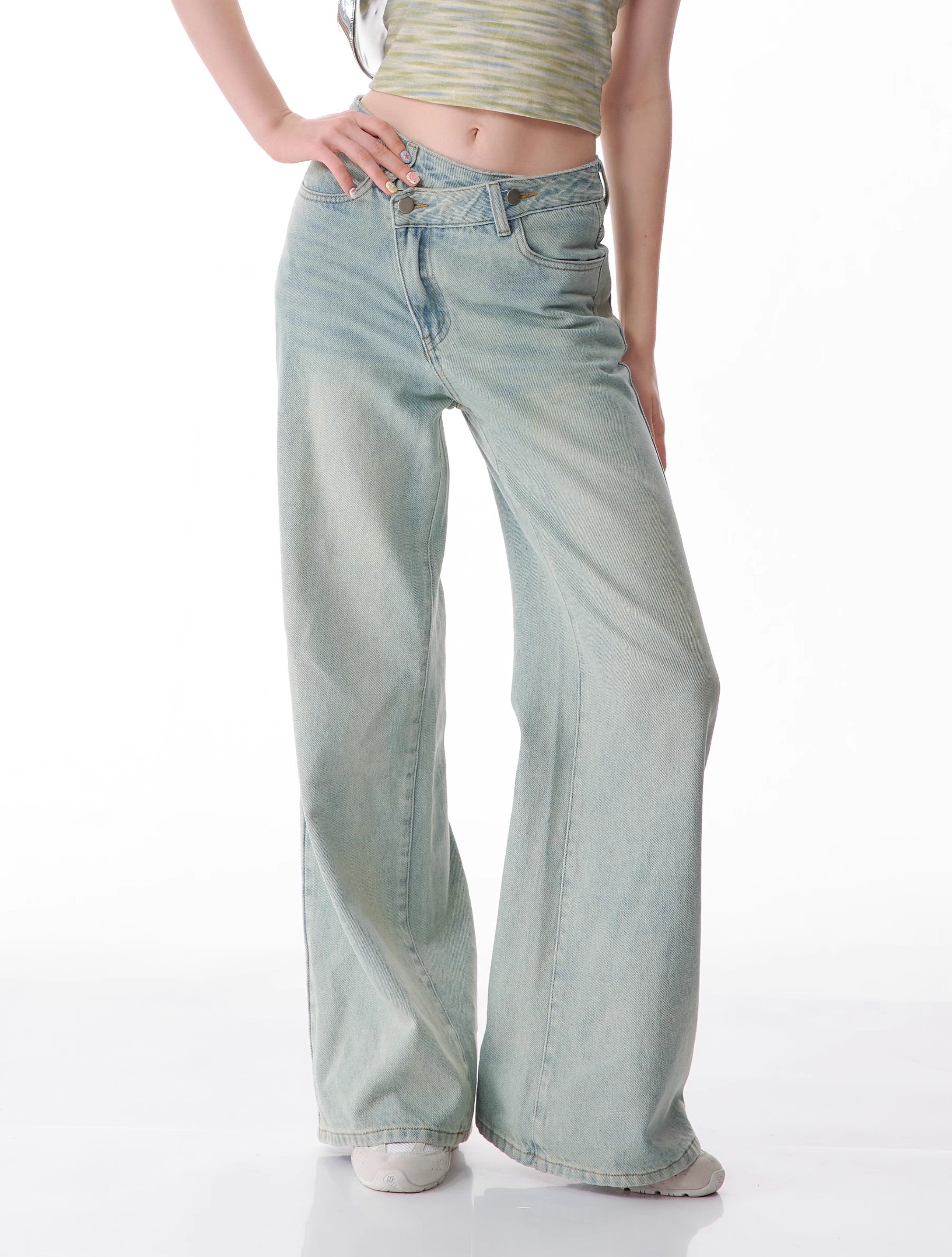 Slanted Light Wash Wide Leg Jeans