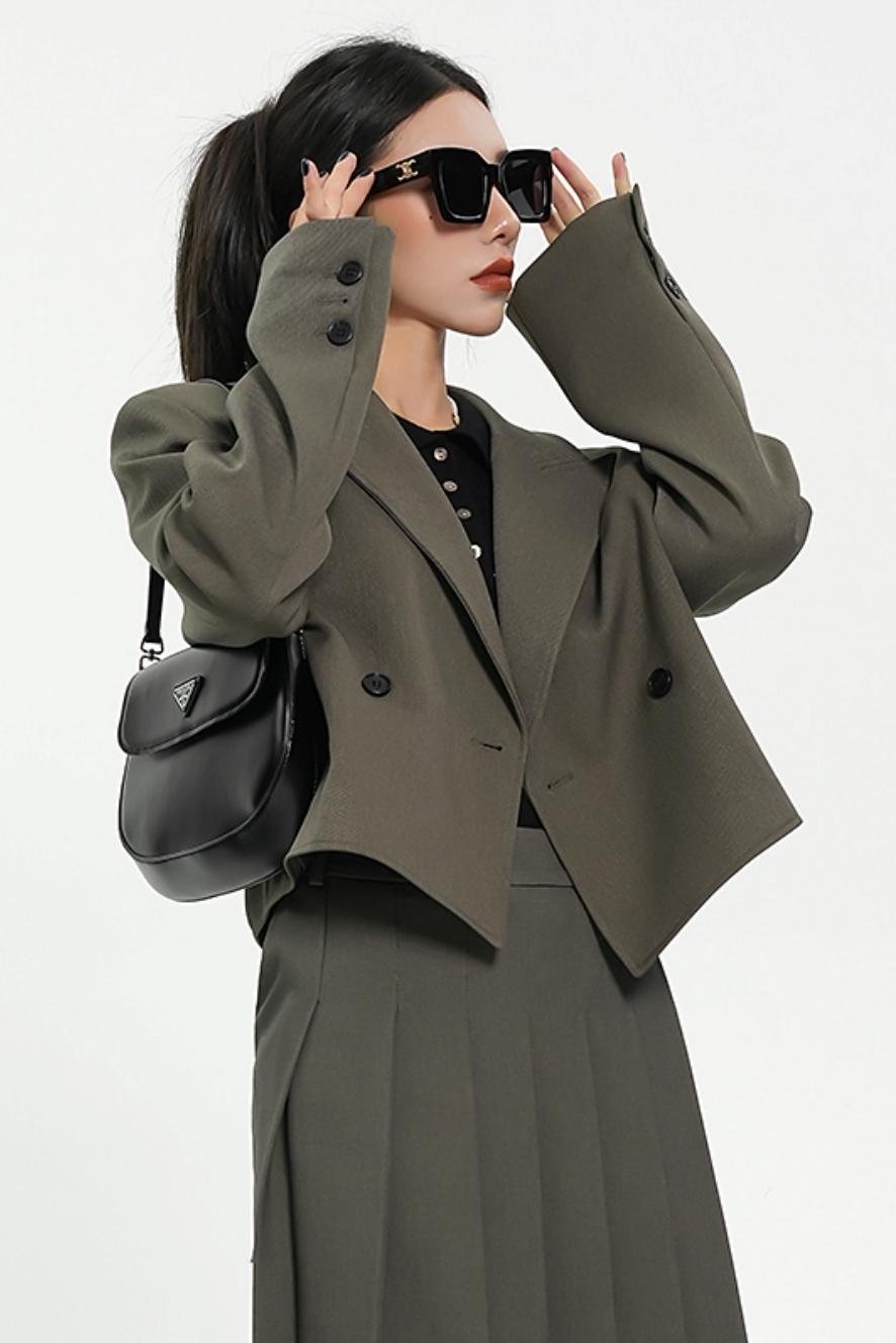 Olive Green Oversized Blazer - Double-Breasted Cropped Suit Jacket