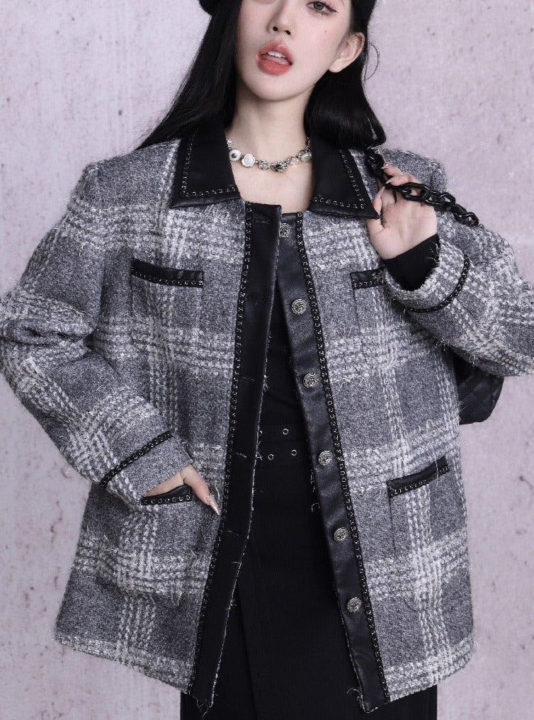 Monochrome Plaid Wool-Blend Jacket: Contrast Collar Button-Front Coat with Multiple Pockets