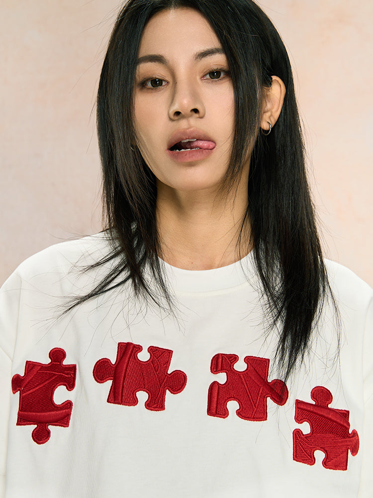 Unique 3D Textured Jigsaw Puzzle Embroidered Tee - chiclara