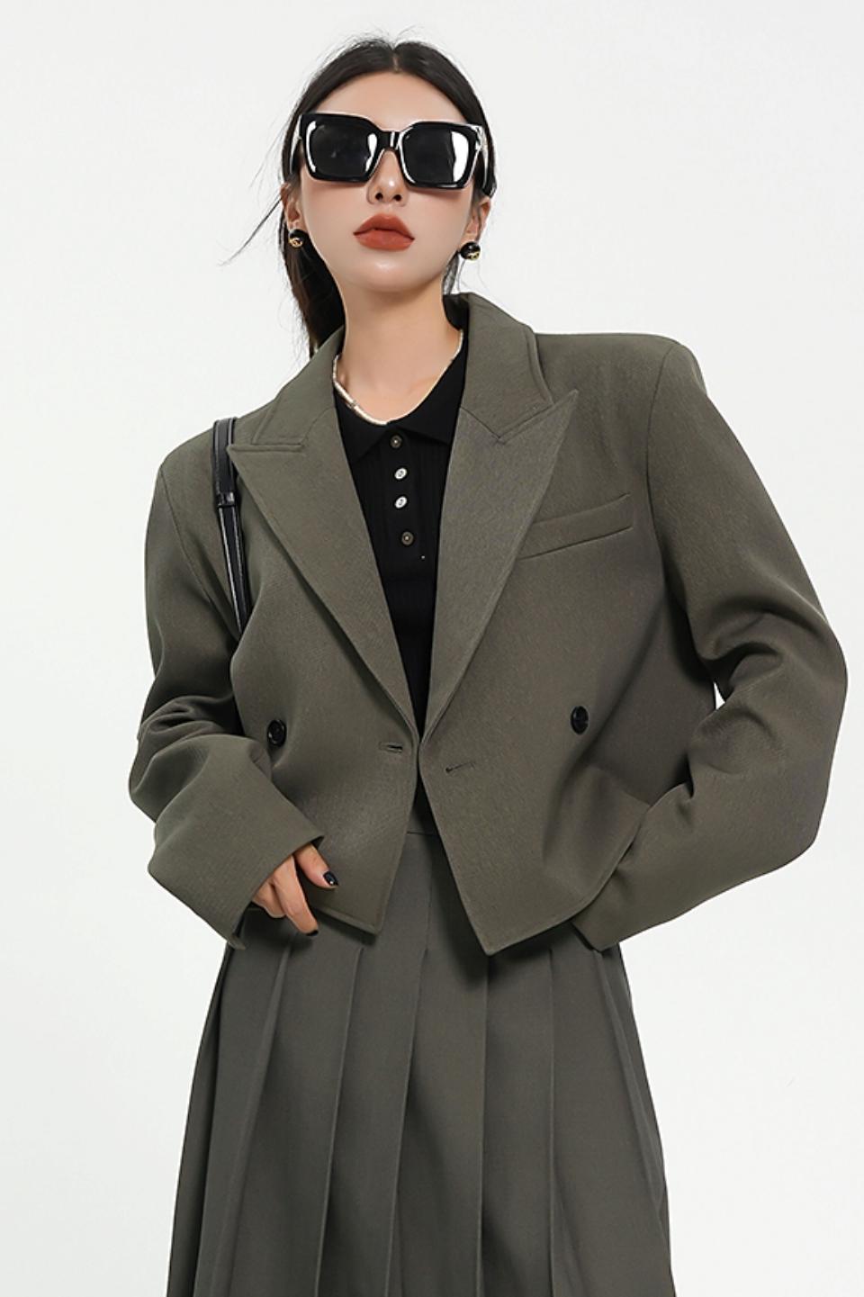 Olive Green Oversized Blazer - Double-Breasted Cropped Suit Jacket