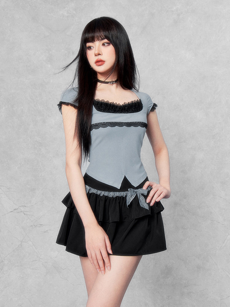 Lace Trim Maid Top/Skirt