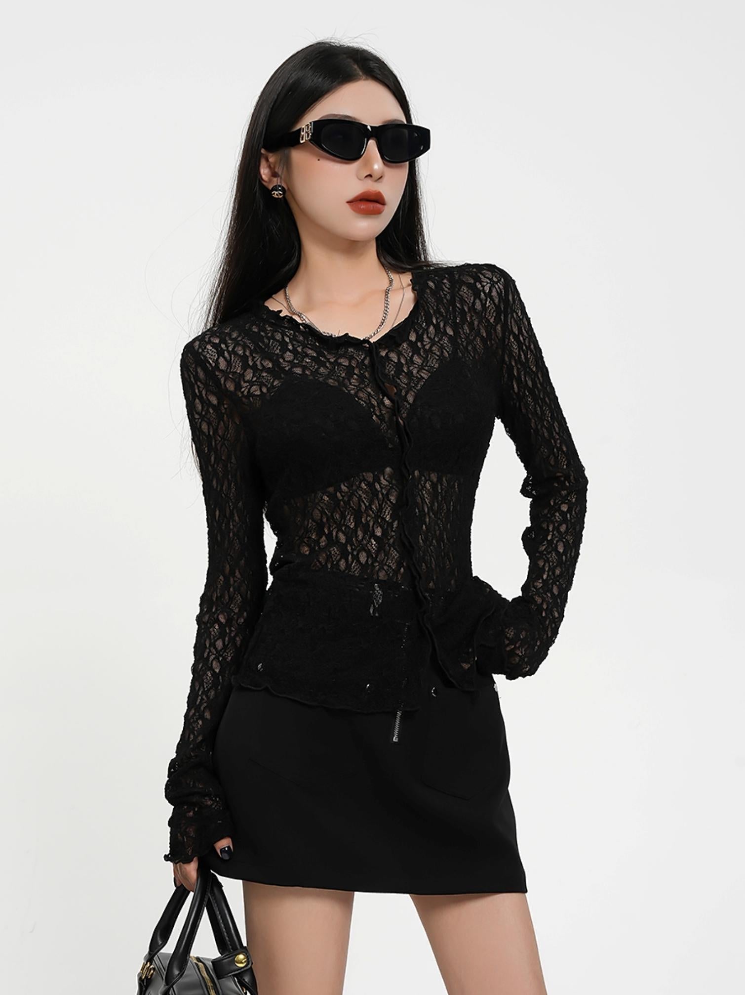 Sheer Lace Long Sleeve Crop Top - Gothic Mesh V-Neck Blouse