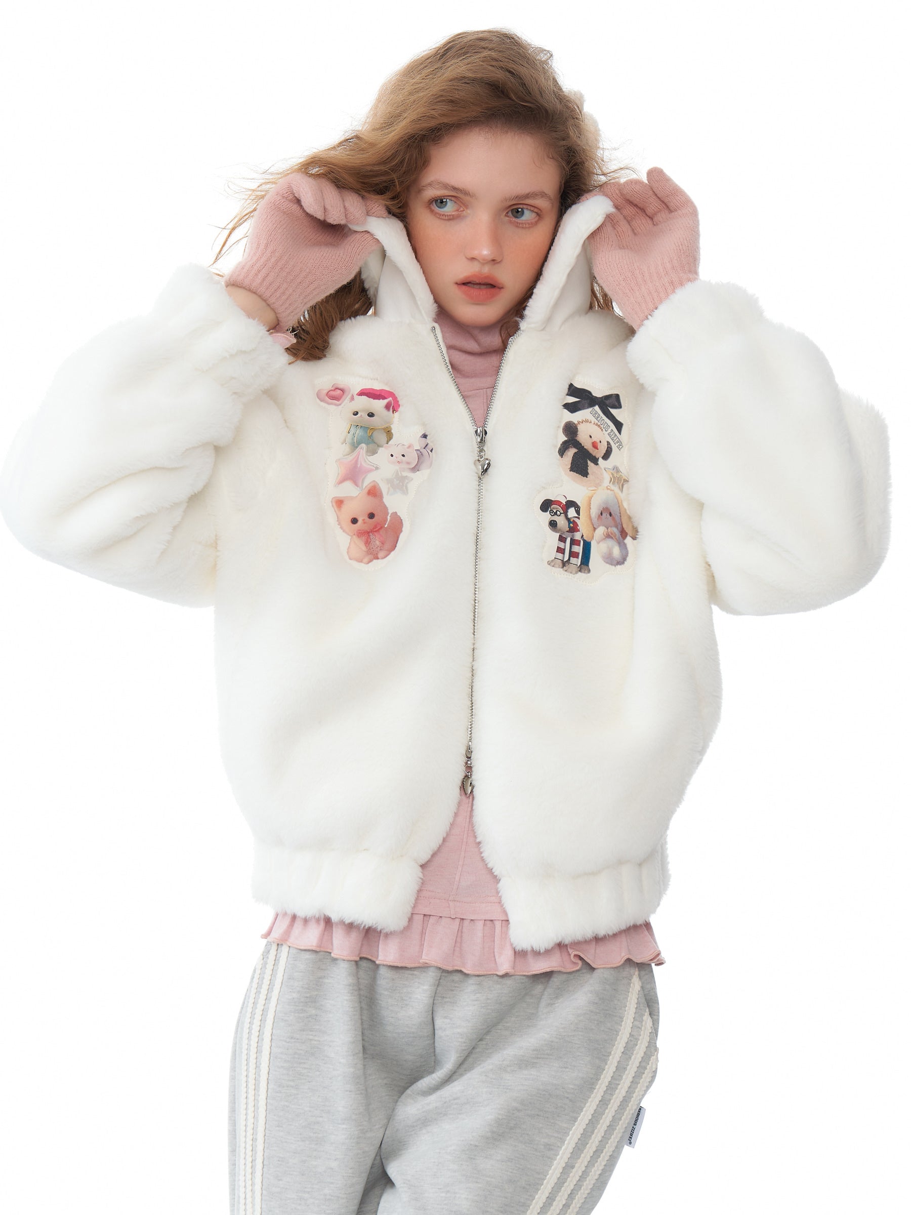 Sweet Animal Patch Faux Fur Jacket