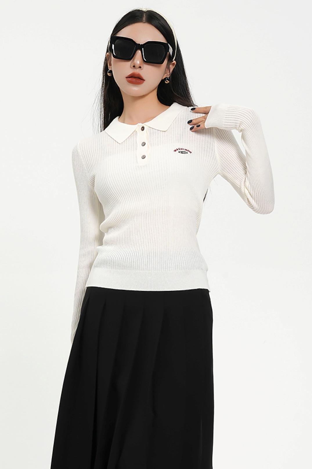 Long Sleeve Henley Sweater - Ribbed Knit Pullover with Embroidered Detail