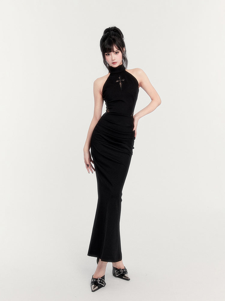 Gothic Cross Halter Maxi Dress