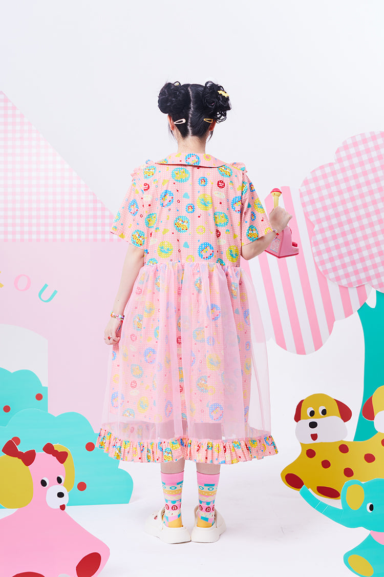 Pink Floral Print Tulle Overlay Dress