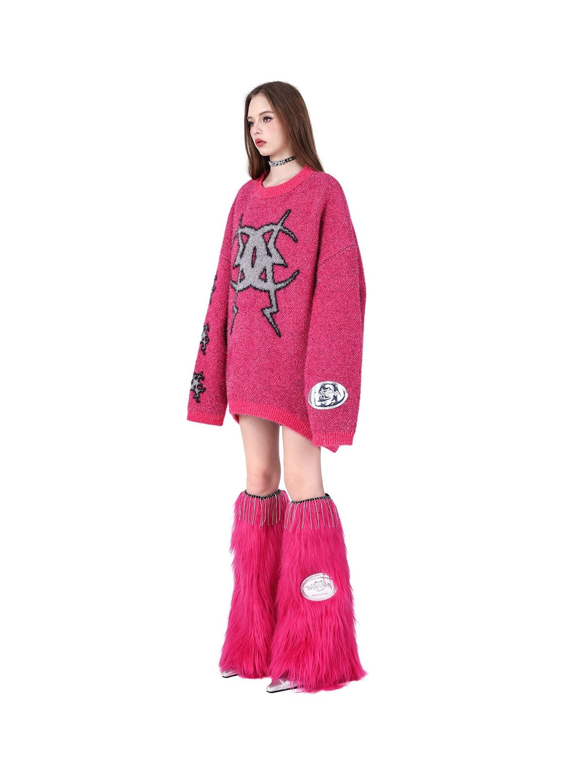 PINKSPINK Gothic Symbol Oversized Sweater - Grey and Pink