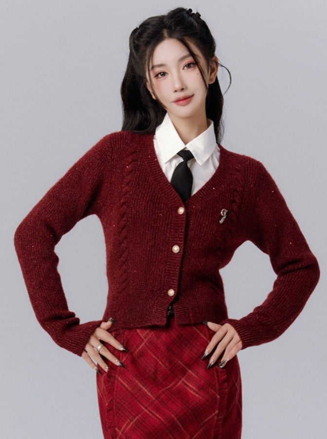 Burgundy Cropped Cardigan - V-Neck Knit Sweater with Gold Buttons