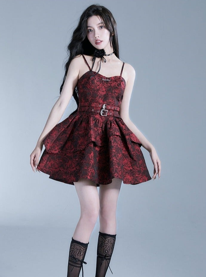 Luxe Burgundy Floral Brocade Mini Dress with Belted Waist