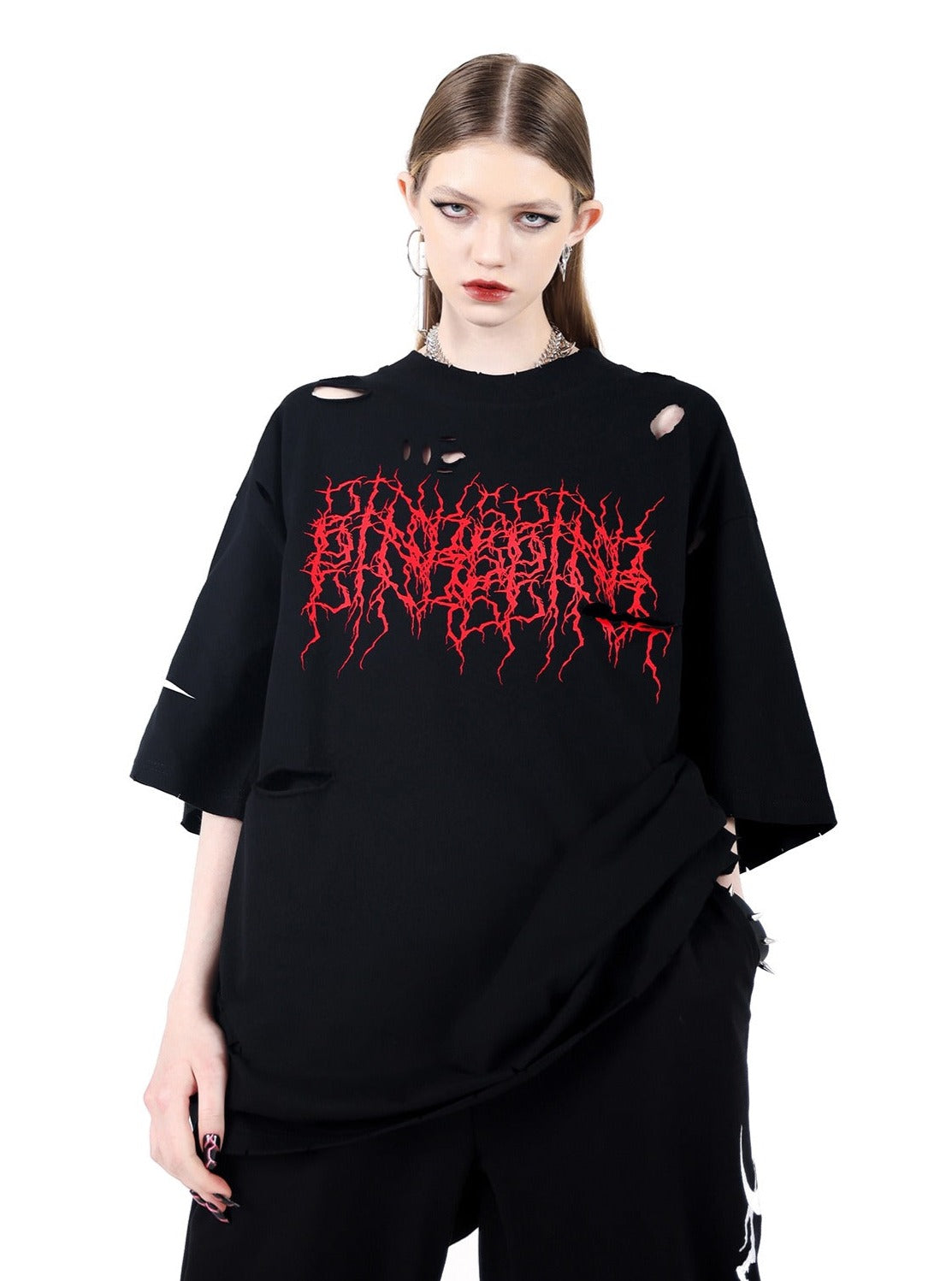 PINKSPINK Distressed Metal Band Oversized Tee - Black