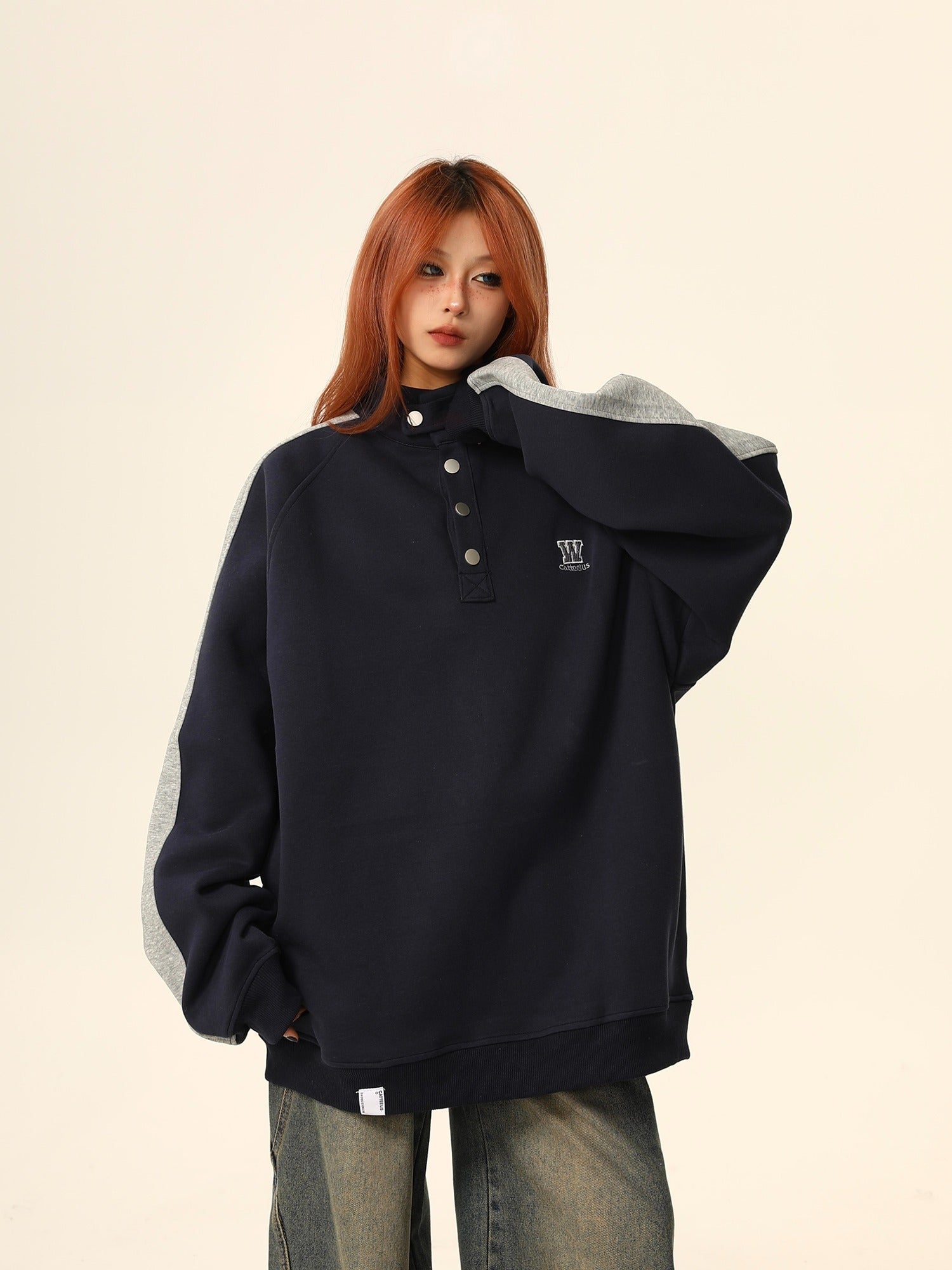 W California High-Neck Button Sweatshirt Coat