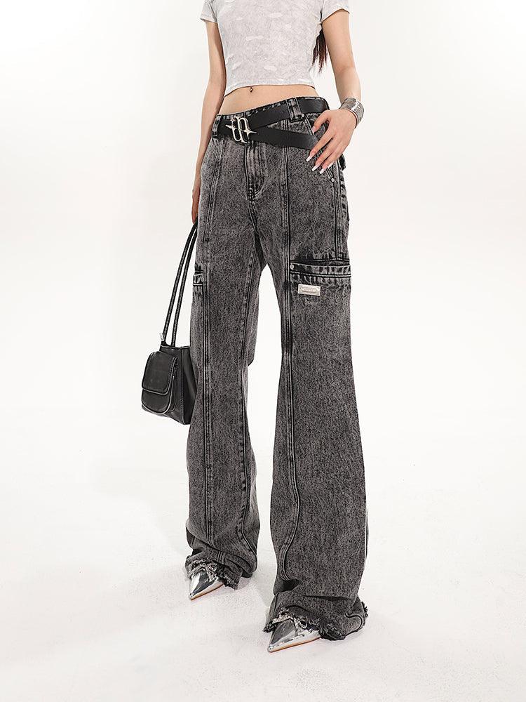 Full-Length Washed and Distressed Straight-Leg Jeans - chiclara