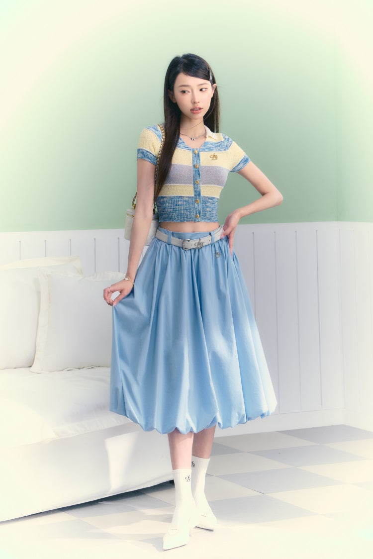 Pastel Striped Cropped Cardigan: Short Sleeve Collared Knit Top with Button Front