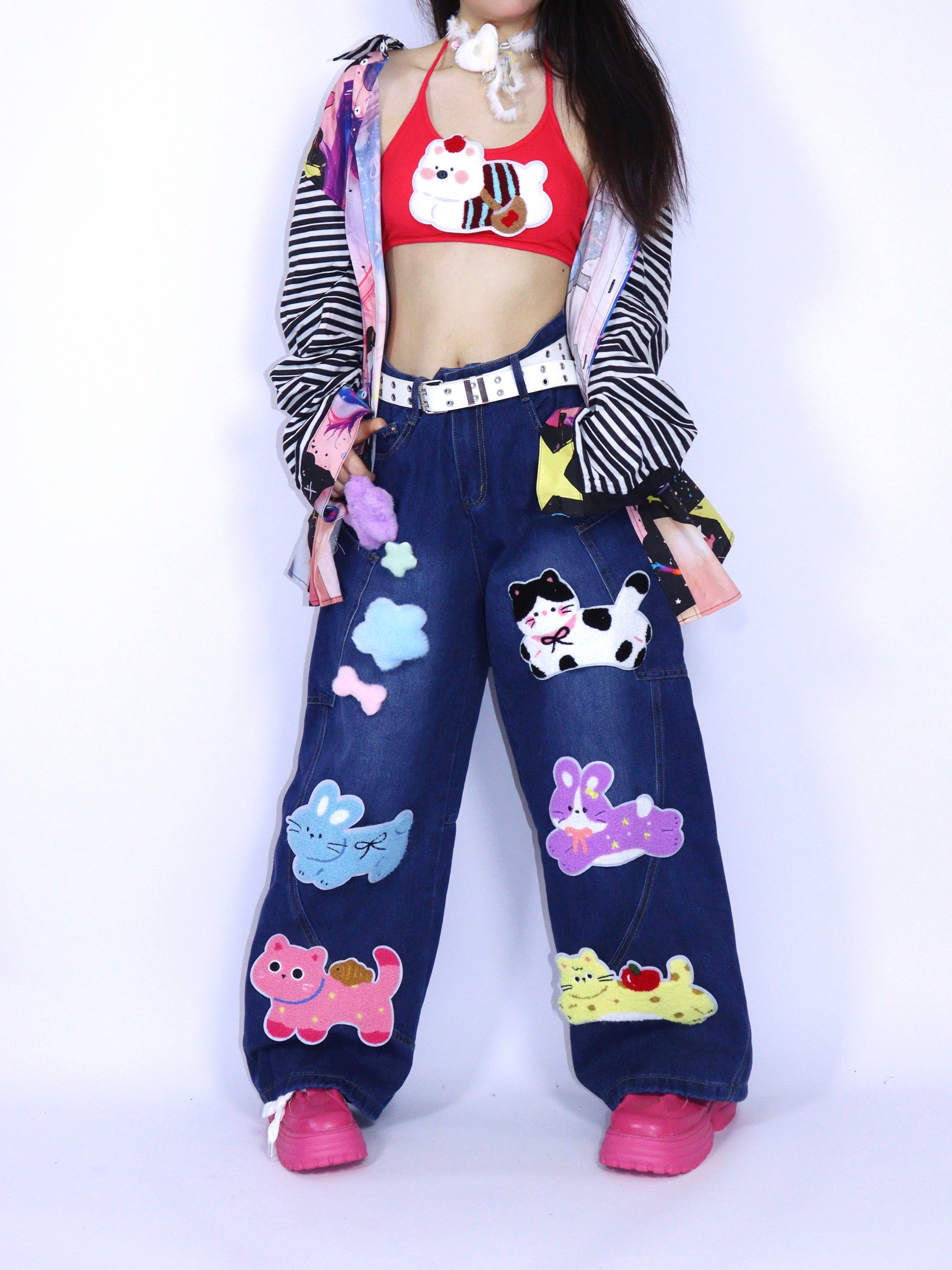 Kawaii Animal Patch Wide Leg Jeans