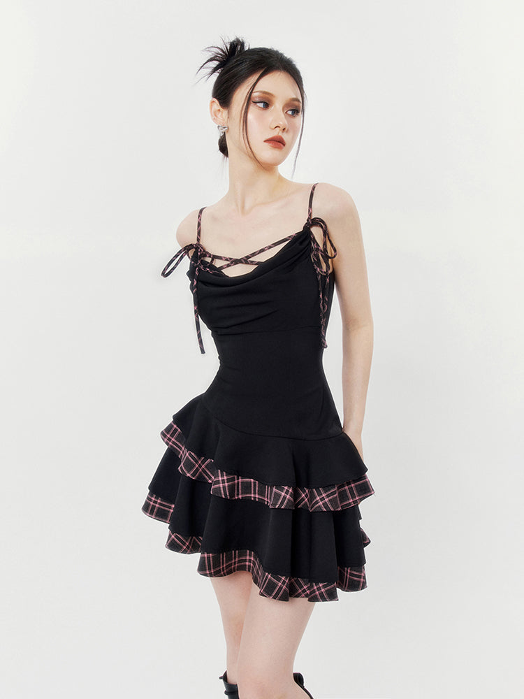 Plaid Trim Ruffle Gothic Dress