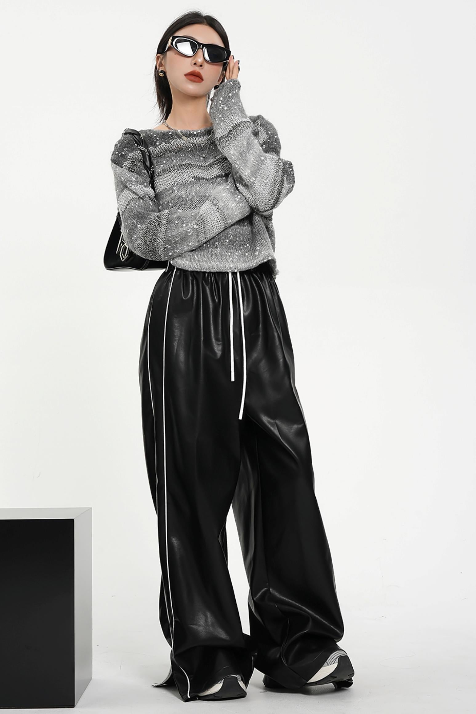 Luxe Satin-Look Drawstring Pants - Wide Leg Striped Track Bottoms