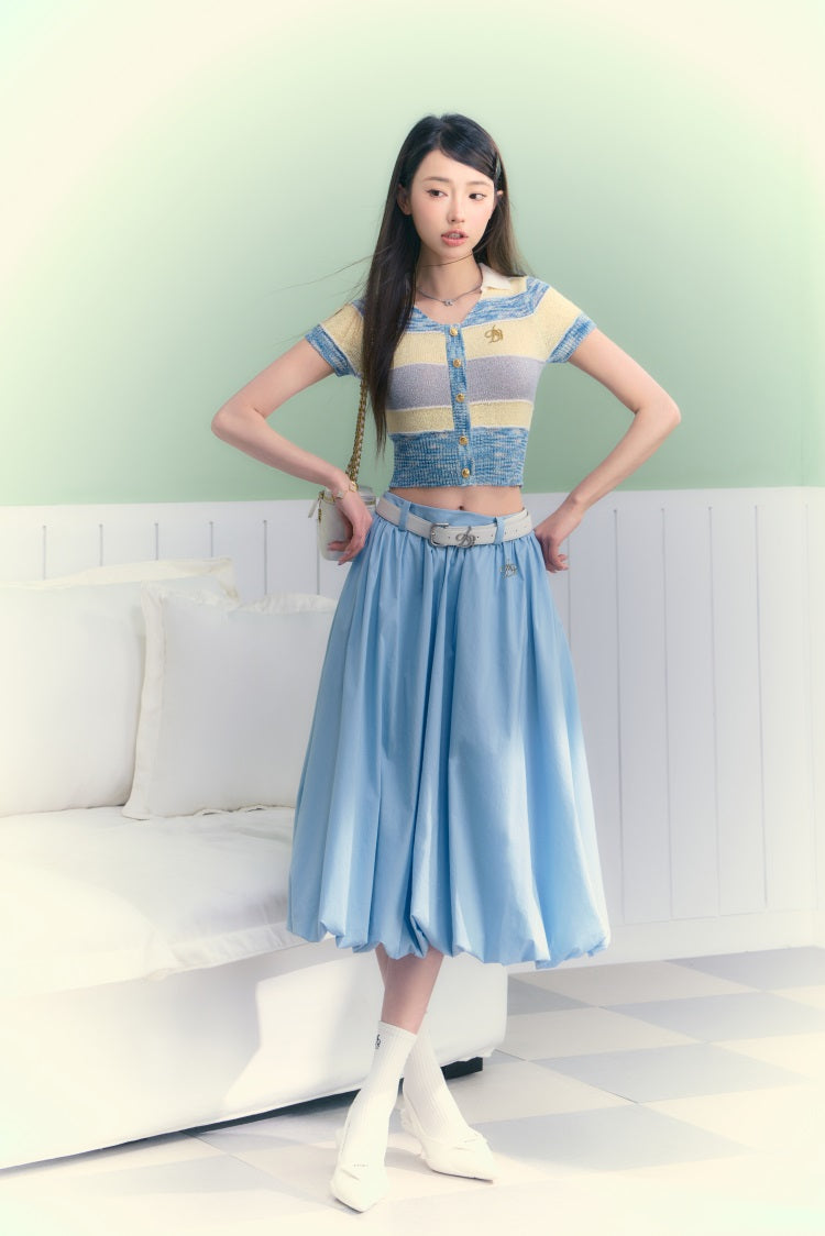 Pastel Striped Cropped Cardigan: Short Sleeve Collared Knit Top with Button Front