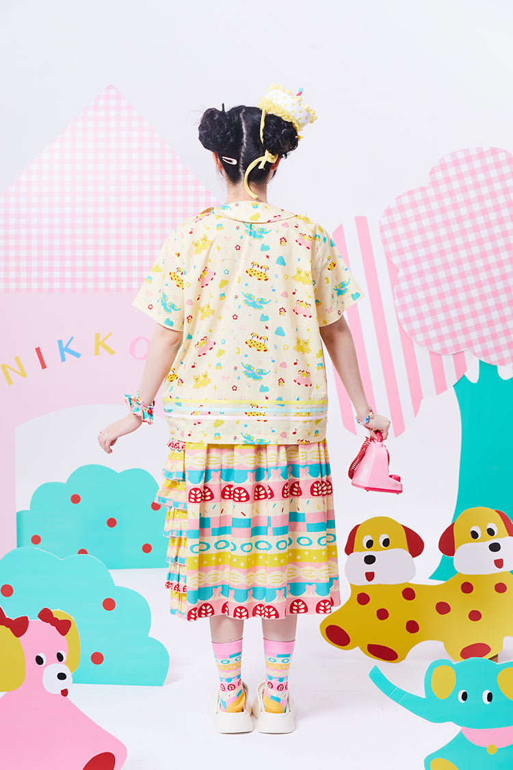 Pastel Mushroom Print Tiered Midi Skirt