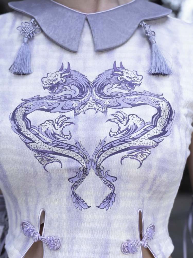 Mirror-Image Dragon Design Cropped Top