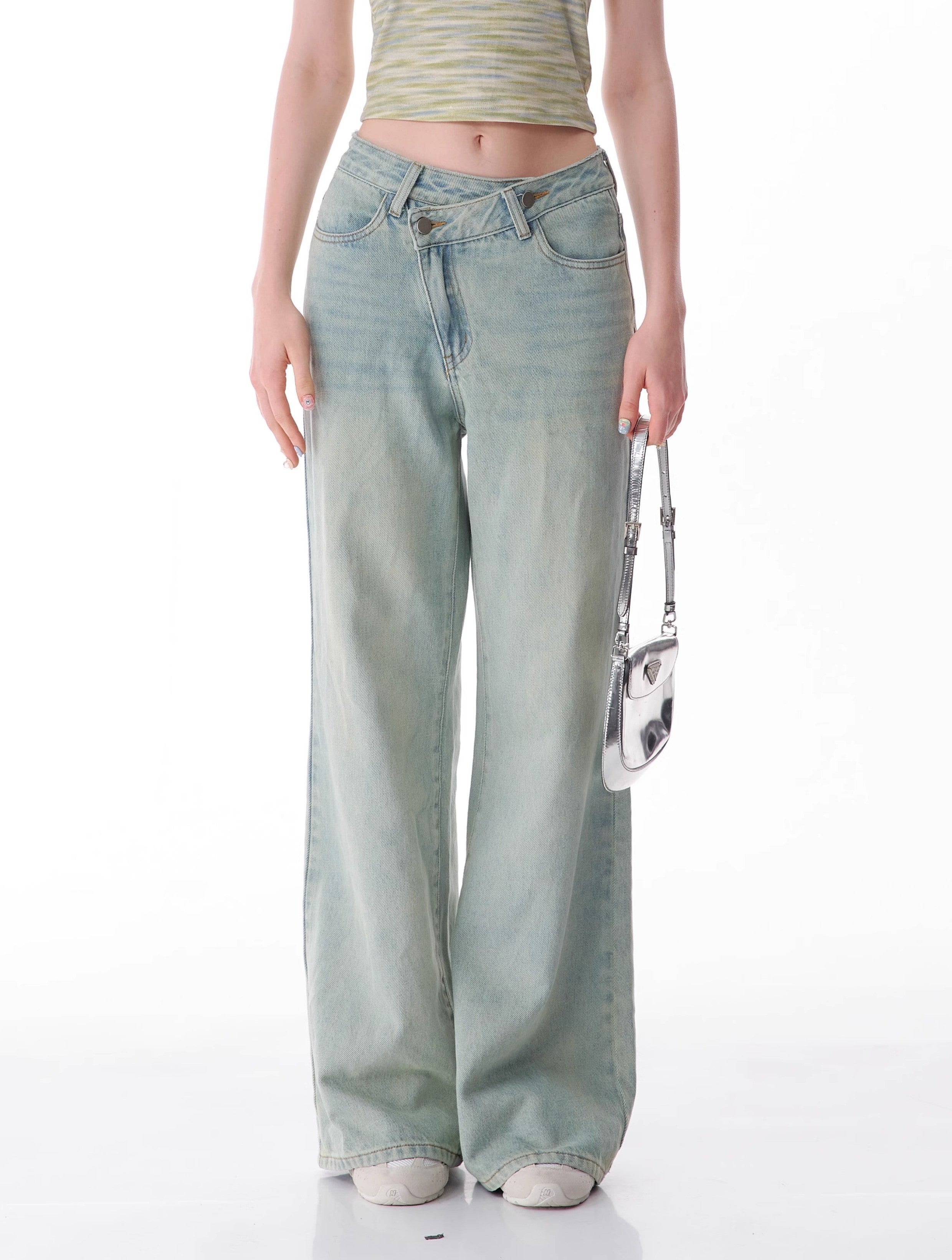 Slanted Light Wash Wide Leg Jeans