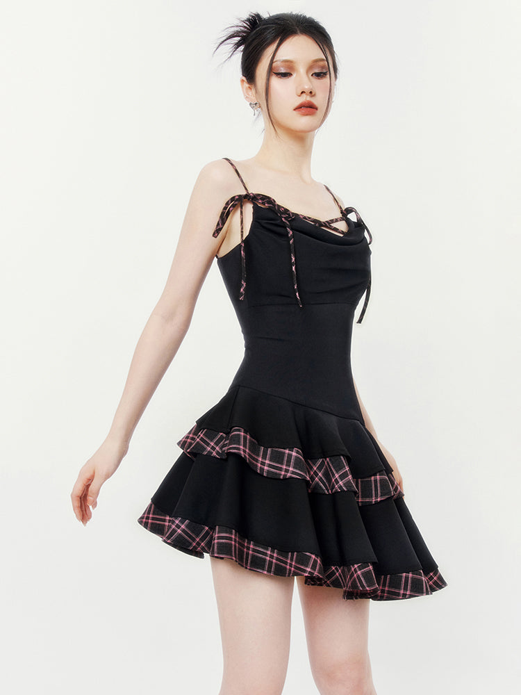 Plaid Trim Ruffle Gothic Dress