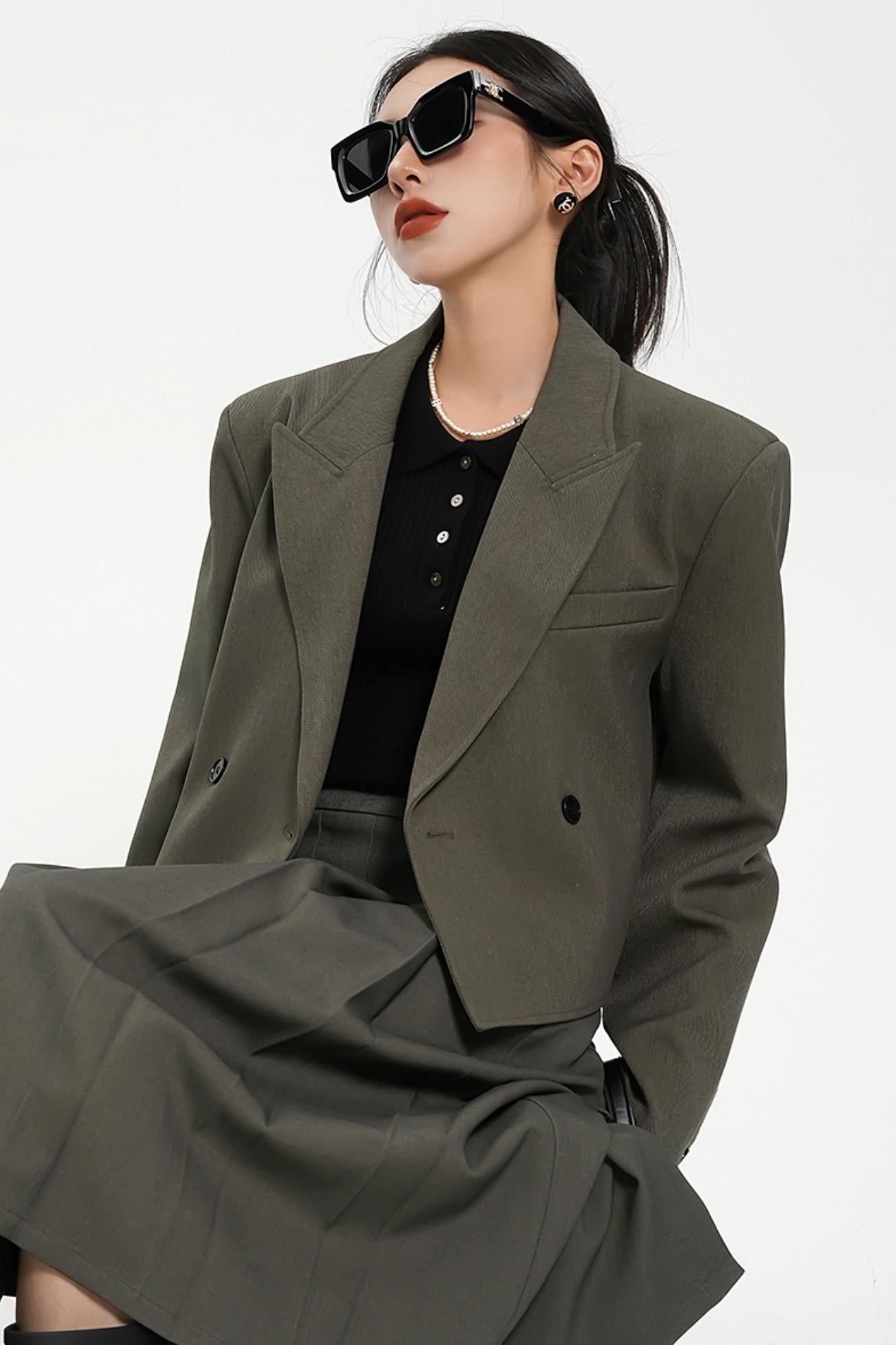 Olive Green Oversized Blazer - Double-Breasted Cropped Suit Jacket