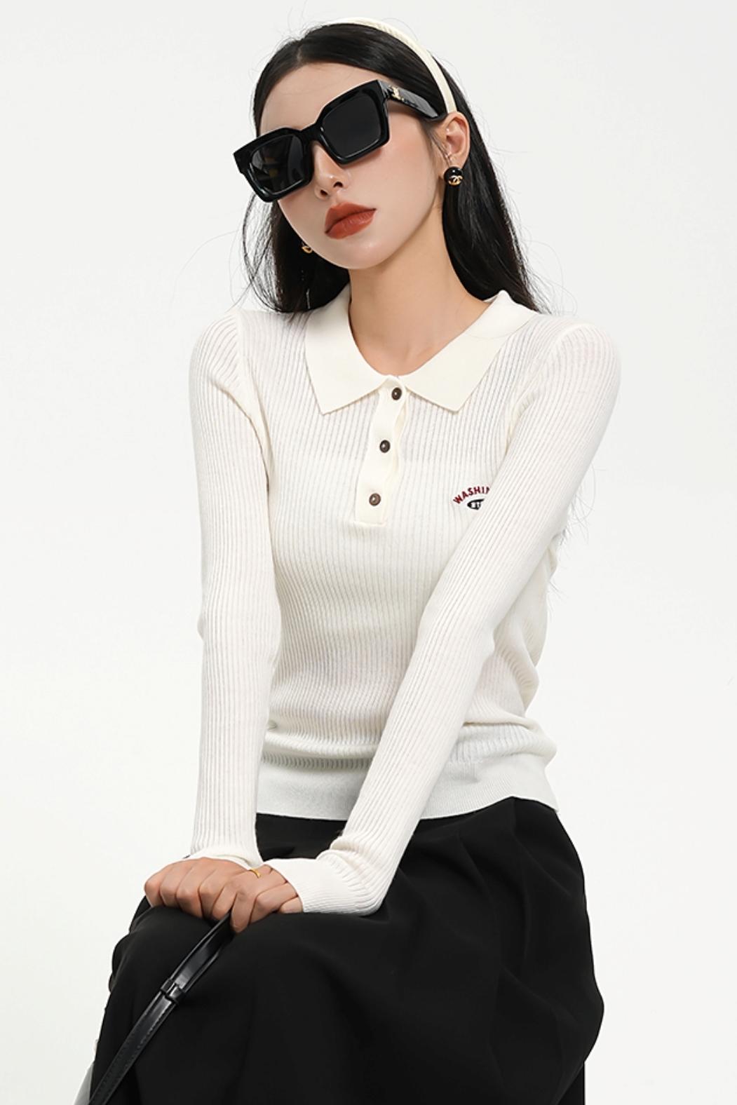 Long Sleeve Henley Sweater - Ribbed Knit Pullover with Embroidered Detail