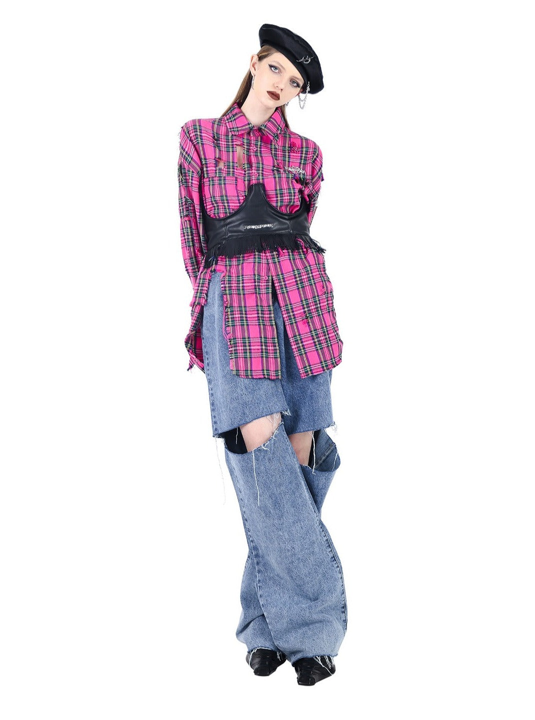 PINKSPINK Oversized Punk Plaid Shirt - Hot Pink