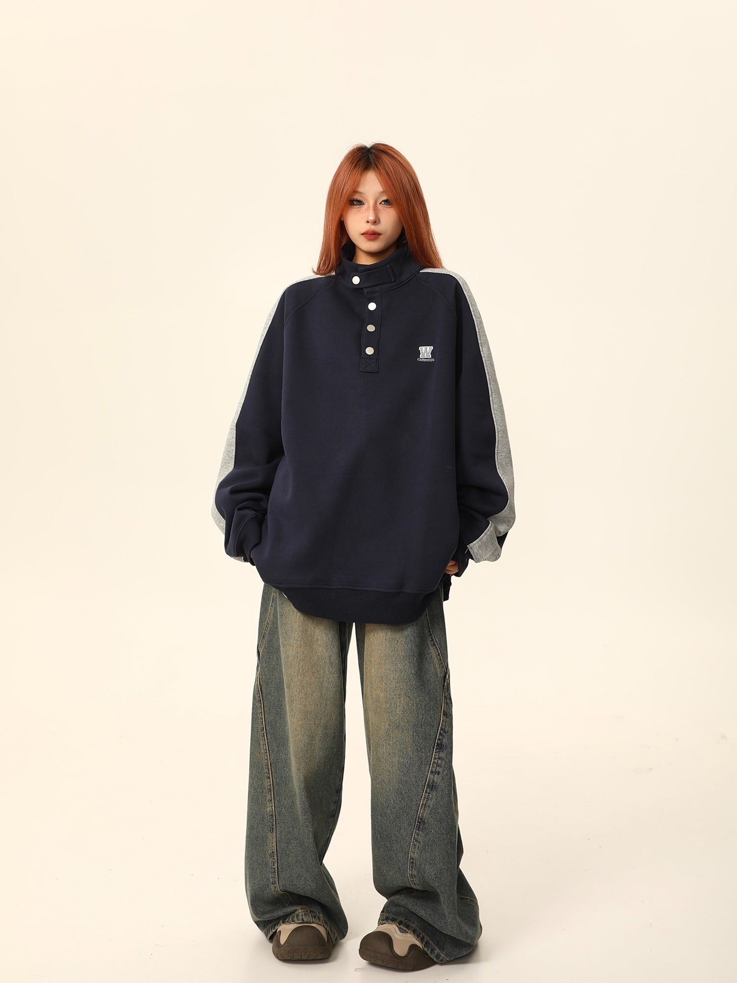 W California High-Neck Button Sweatshirt Coat